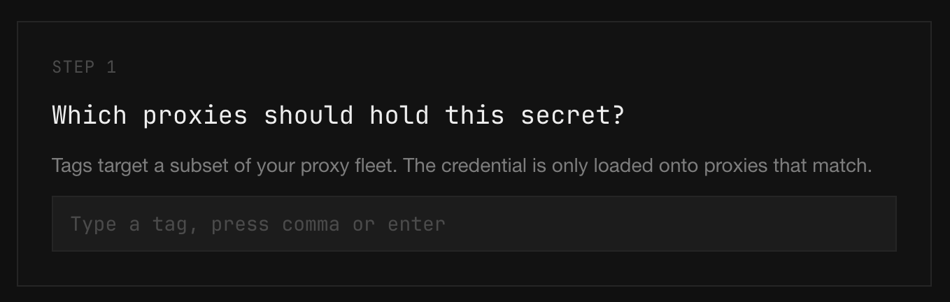 Step 1 of the secret wizard: a tags input asking which proxies should hold this secret