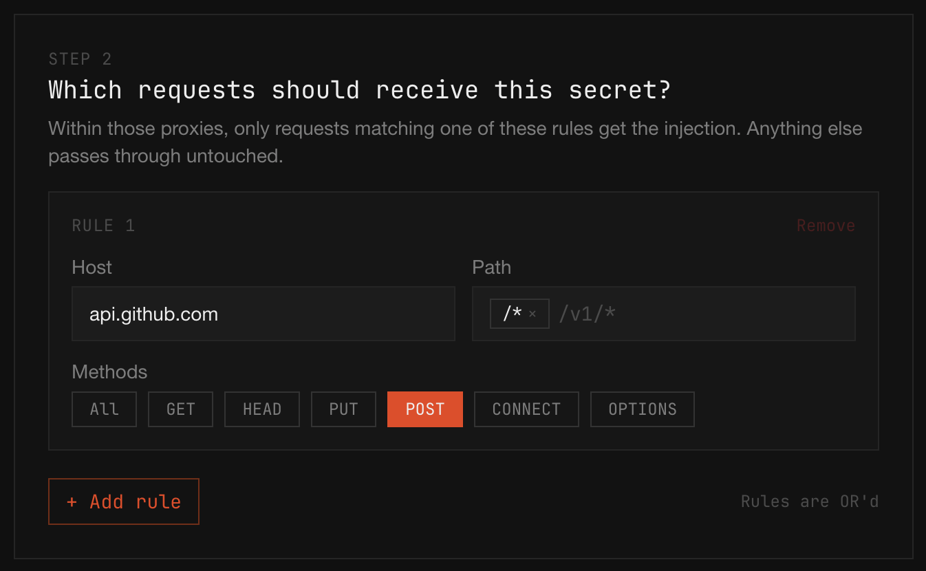 Step 2: a rule with Host, Path, and Methods fields scoping which requests get the secret