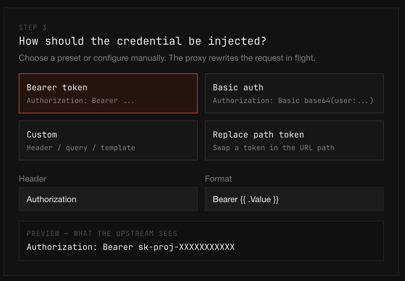 Step 3: presets for Bearer token, Basic auth, Custom, and Replace path token, with header and format fields